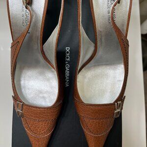 Dolce & Gabbana Brown Leather Pointed Toe Slingback 4"Heels New DG Buckle EU 38